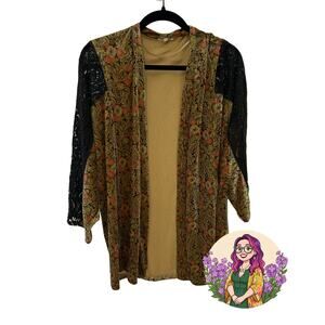 Mystree Whimsygoth Floral Velvet Paisley Cardigan Black Lace Sleeve Boho Sz S/M